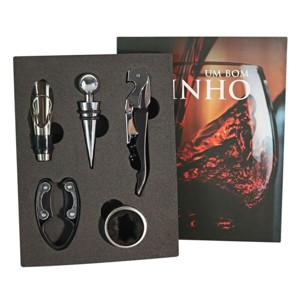 Kit Vinho Abridor Dosador Saca Rolhas Tampa Livro 05 Peças - Imagem 3